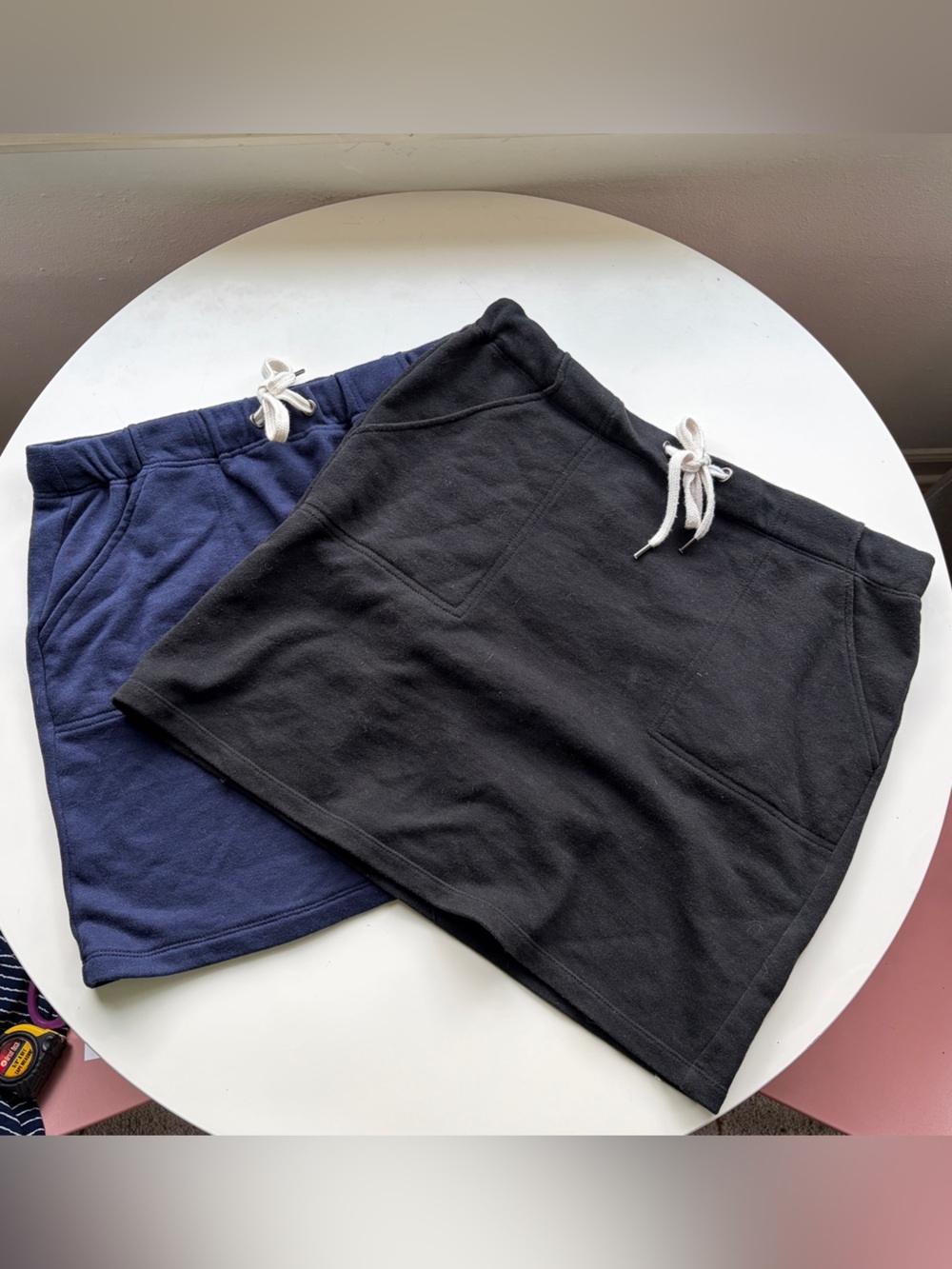 2-FOR-1! Cute Black & Navy Drawstring Mini Fleece Skirts with Pockets! EUC!